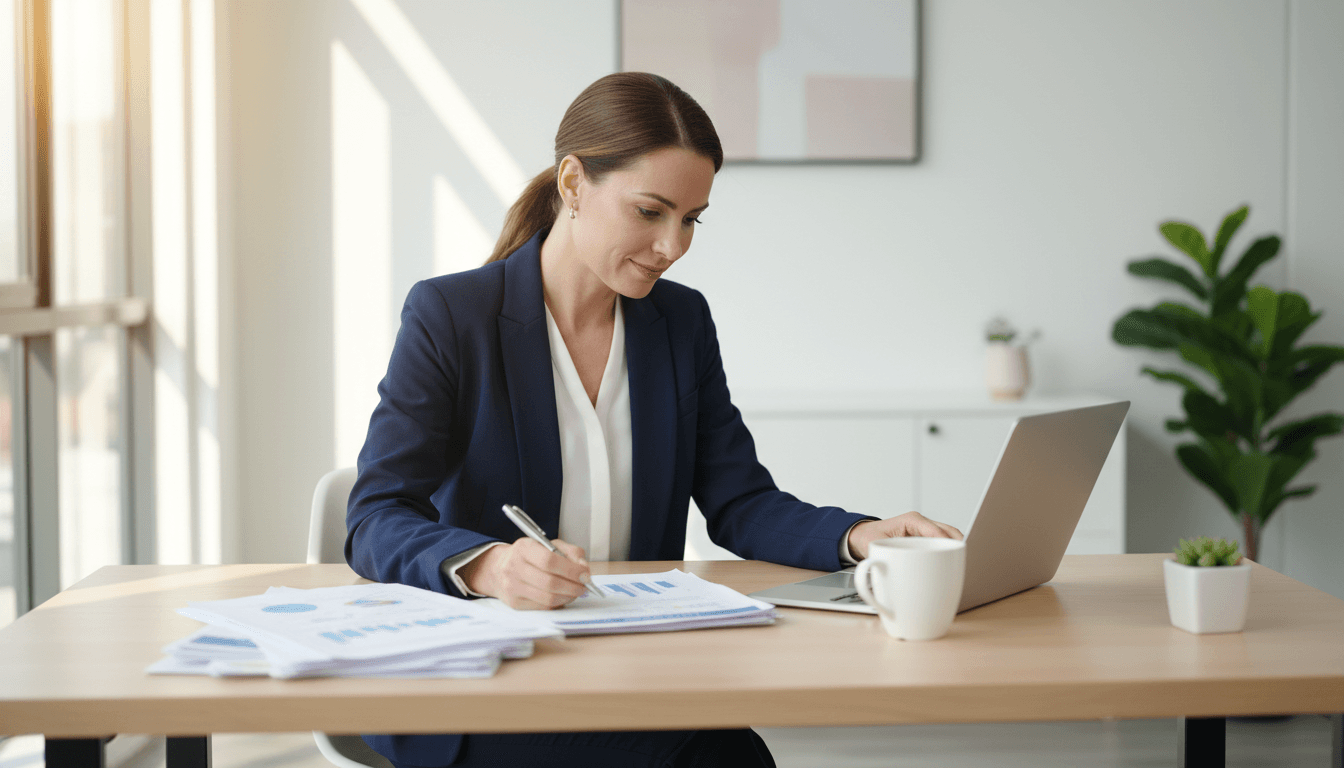 Professional reviewing payroll and HR documents at a clean desk
